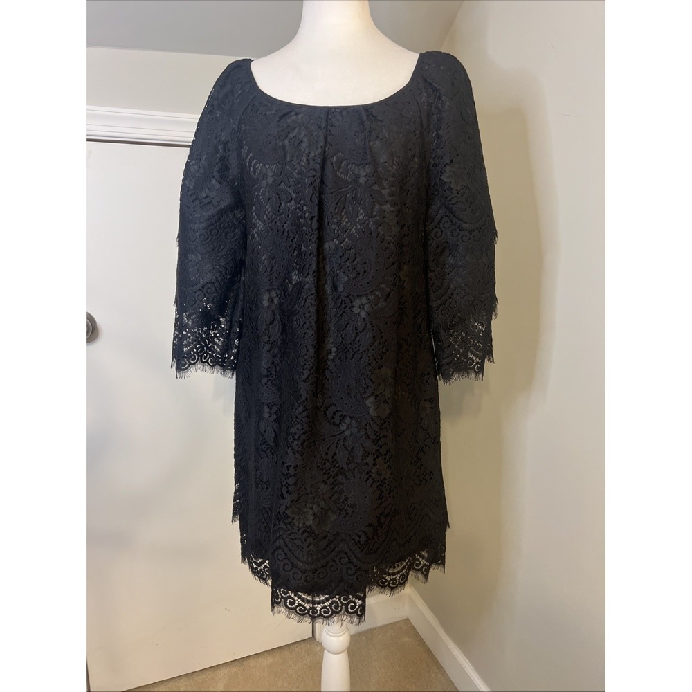 Black Floral Lace Shift‎ Dress Scoop Neck 3/4 Sleeve Eyelash Fringe Hem Cocktail